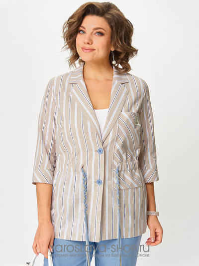 Брючный комплект: бежевая блуза в полоску, голубые брюки (модификация 3)