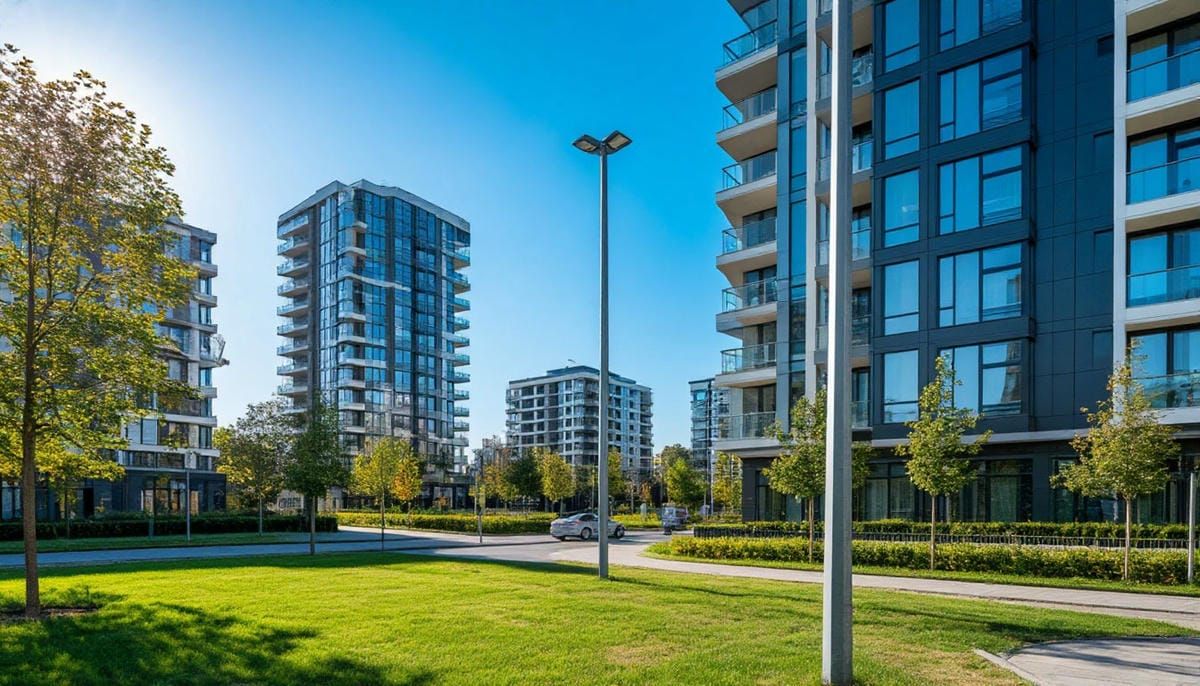 Технологичные граненые опоры освещения в современном жилом квартале