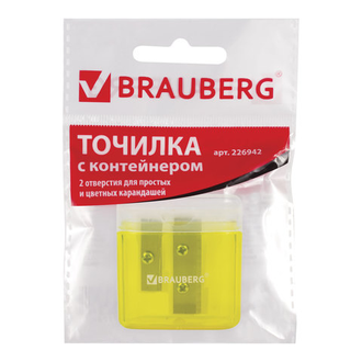 Точилка BRAUBERG "Chief" с контейнером, пластиковая, прямоугольная, 2 отверстия, с крышкой, ассорти, 226942