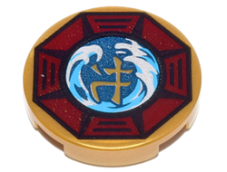 Tile, Round 2 x 2 with Bottom Stud Holder with Airjitzu Wave Symbol in Dark Red Octagon Pattern, Pearl Gold (14769pb144 / 6155906)