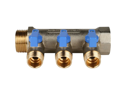 Коллектор распределительный STOUT с шаровыми кранами 1", 3 отвода 1/2" (синие ручки) (Арт. SMB 6211