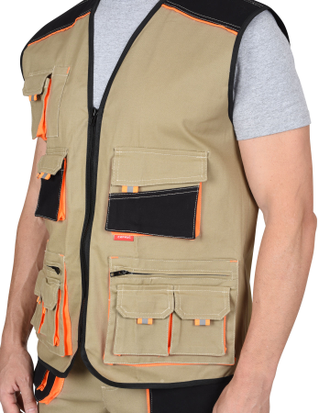 Жилет "СИРИУС-МАНХЕТТЕН" песочный с оранж. и черным тк. мех. стрейч пл. 250г/кв.м