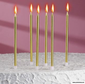 Свечи в торт "Ройс" 6 шт / 13 см Золотой металлик