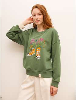 ЖЕНСКИЙ СВИТШОТ ОЛИВА "ЦВЕТОЧНЫЕ КЕДЫ"