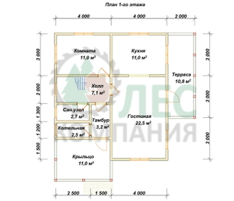 Полутораэтажный дом из бруса 8x9,2 с террасой