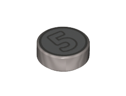 Tile, Round 1 x 1 with Dark Bluish Gray Outlined Number 5 on Silver Background Coin Pattern, Flat Silver (98138pb174 / 6329604)