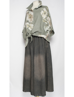 РУБАШКА ЛЁН "ЗАВЯЗКИ цветы" хаки, вино р.46-54