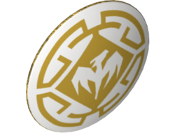 Minifigure, Shield Circular Convex Face with White Dragon and Decorative Lines Pattern, Pearl Gold (75902pb12 / 6227761)