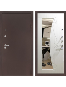 Входная металлическая дверь ЛОФТ Зеркало антик медь / белый ясень