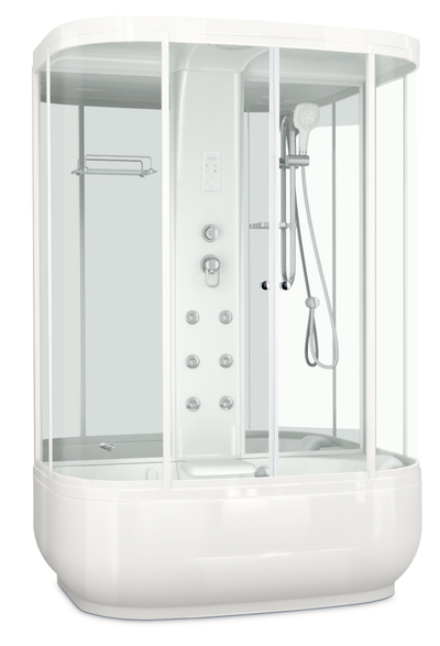 Душевая кабина DOMANI-Spa Neat high  высокий  поддон,кн блок упр, задняя стенки черные,белые. передняя стекло прозрачные, 150x81x219 см