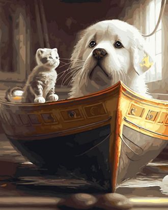 Картина по номерам OK11415 Эксклюзив!!! Щенок и котенок в лодке
