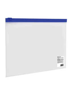 Папка-конверт на молнии МАЛОГО ФОРМАТА (245х190 мм), A5, прозрачная, молния синяя, 0,11 мм, BRAUBERG, 221227