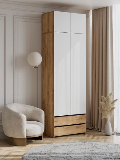 Абрау Шкаф двухстворчатый с ящиками и антресолью Дуб золотой/Белый