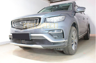 Защита радиатора Geely Atlas Pro 2021- black верх (3 части)