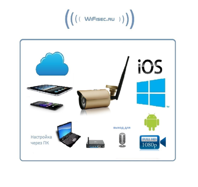 Уличная WiFi/LAN телекамера выходом для подключения микрофона (аудио канал), Full HD 2MP  (-30)