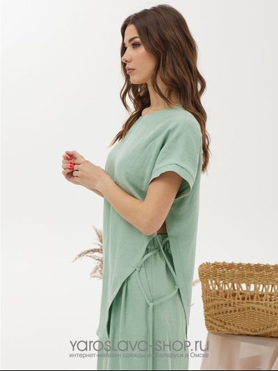 Женский льняной комплект мятного цвета