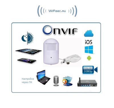 Видеоняня/Охранная IP WiFi-LAN видеокамера с ночным видением и аудиоканалом (корпус ИК датчика), встроенный DVR. Full HD (CamHi)