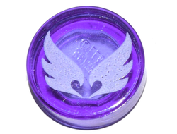 Tile, Round 1 x 1 with Elves Wind Power Symbol, White Wings Pattern, Trans-Purple (98138pb034 / 6115827)