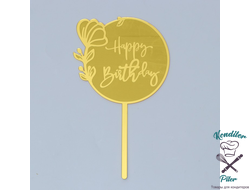 Топпер «С днём рождения с цветком»,  круг цвет золото