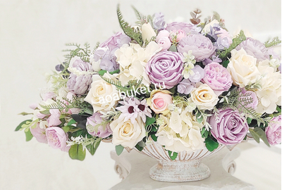 Купить/Композиция из искусственных цветов в нежно сиреневых тонах удлинённая в вазе - Эмили № УНС008