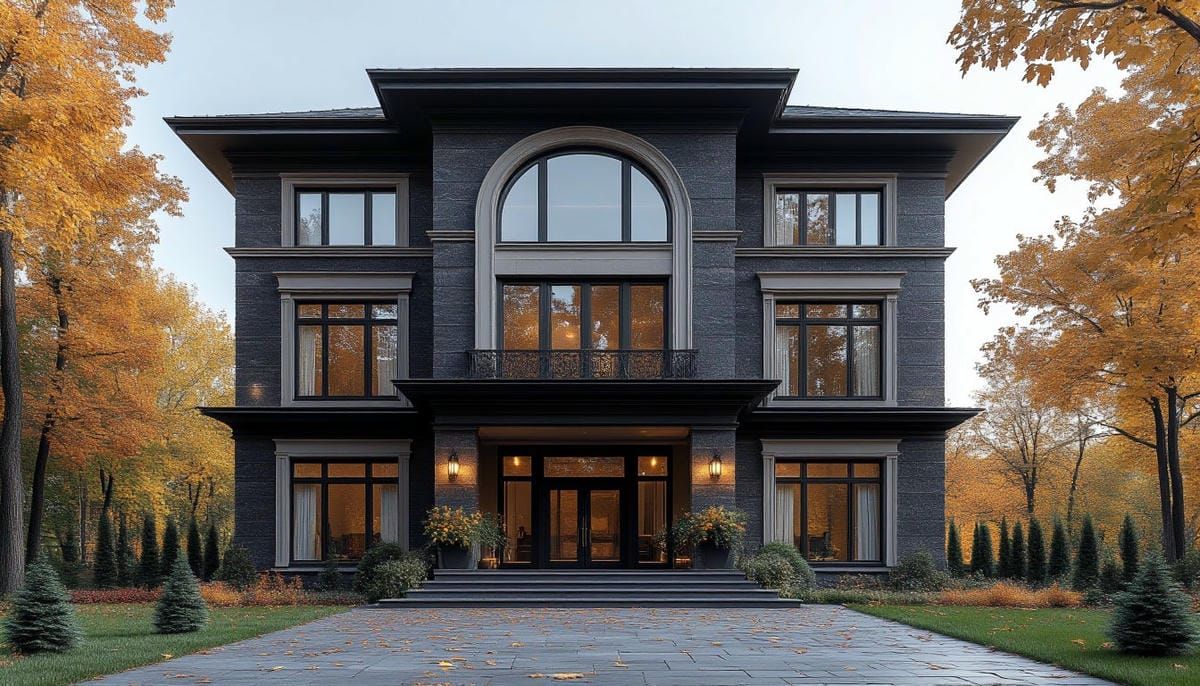 Сложный дизайн фасада частного особняка: сочетание дикого камня и классических полиуретановых карниз