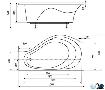 Ванна Эстет Грация 170 x 94 см, каменная левая, угловая, асимметричная