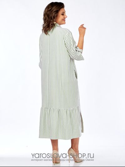 Женское платье-рубашка белого цвета в светло-зеленую полоску