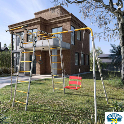 Детский спортивный комплекс для дачи ROMANA Веселая лужайка - 2 (красный/желтый/белый) (с пластиковыми качелями)