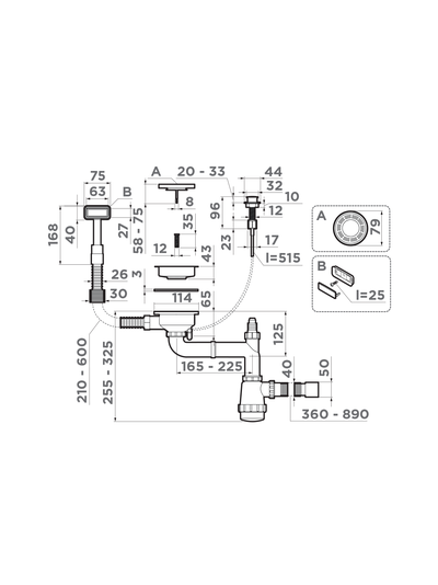 Арматура с клапаном-автоматом для одночашевых моек с прямоугольным переливом и декоративным элементом для корзины WK-1-A AB