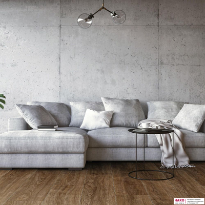 Декор ламината Haro Tritty 200 Aqua Дуб Элеганза Дымчатый 542056 в интерьере комнаты