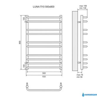 Полотенцесушитель электрический Lemark Luna LM41810E П10 500x800, левый/правый