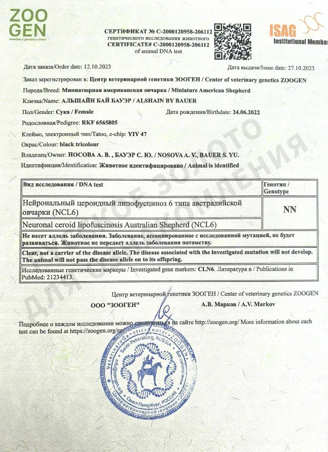 Аля. Результаты анализов на генетические заболевания.