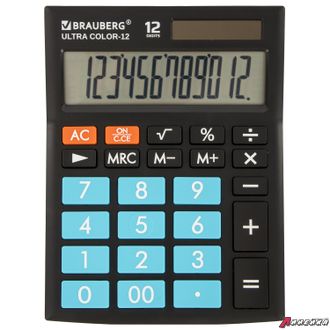 Калькулятор настольный BRAUBERG ULTRA COLOR-12-BKBU (192×143 мм), 12 разрядов, двойное питание, ЧЕРНО-ГОЛУБОЙ. 250497