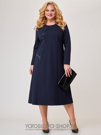 Модель : А-3926. Универсальное платье темно-синего цвета с атласной лентой.