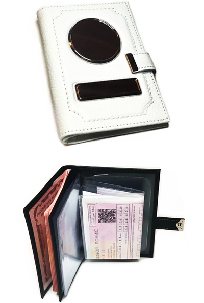 Кожа: ЗЕРНИСТАЯ. Цвет: БЕЛЫЙ. Прошивка: БЕЛАЯ. Обложка 2в1 на заклёпке. Автодокументы + ПАСПОРТ. Вставки: СЕРЕБРО