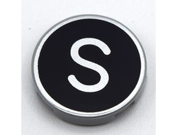 Tile, Round 2 x 2 with Bottom Stud Holder with Silver Capital Letter S on Black Background Pattern, Light Bluish Gray (14769pb440 / 6352987)