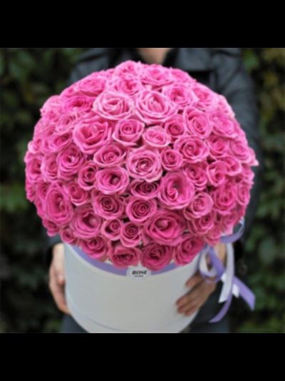 101 розовая роза в шляпной коробке