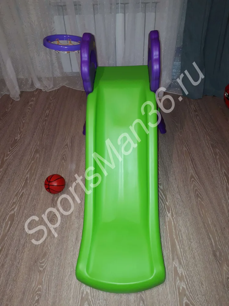 ДЕТСКАЯ ГОРКА "ДУБОК" PS-0291: пластиковая горка, лесенка, баскетбольное кольцо, мячик, вид спереди