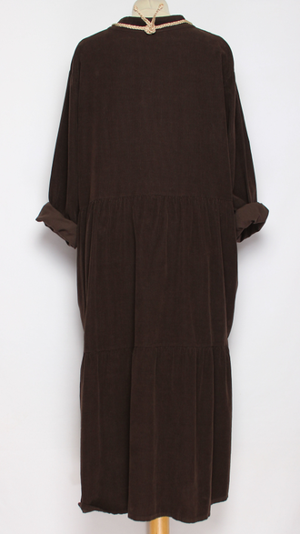 Платье-рубашка Бохо "Стойка вельветовое " два яруса шоколад до р.56