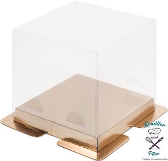 Коробка под торт Премиум с пъедесталом прозрачная 150*150*140, золото