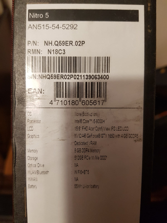 ACER NITRO 5 AN515-54-5292 ( 15.6 FHD IPS I5-9300H GTX1650(4GB) 8GB 512SSD )