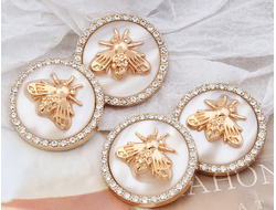 ПУГОВИЦЫ МЕТАЛЛИЧЕСКИЕ ПЧЕЛЫ СО СТРАЗАМИ, 25 мм. 50 шт. Р-000122. Цвет: перламутровый