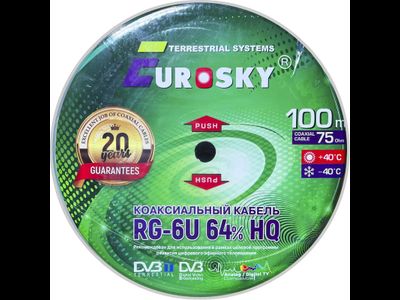 Кабель коаксиальный EUROSKY RG-6U, 75 Ом, CCS/Al/Al, 64%, бухта 100 м черный