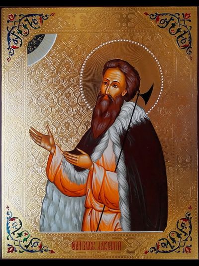 Лаврентий Калужский, Христа ради юродивый, Чудотворец. Рукописная икона 22х28см.