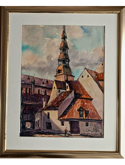 "Рига. Собор Петра XIII века" бумага акварель Ковалёв Н.Н. 1971 год