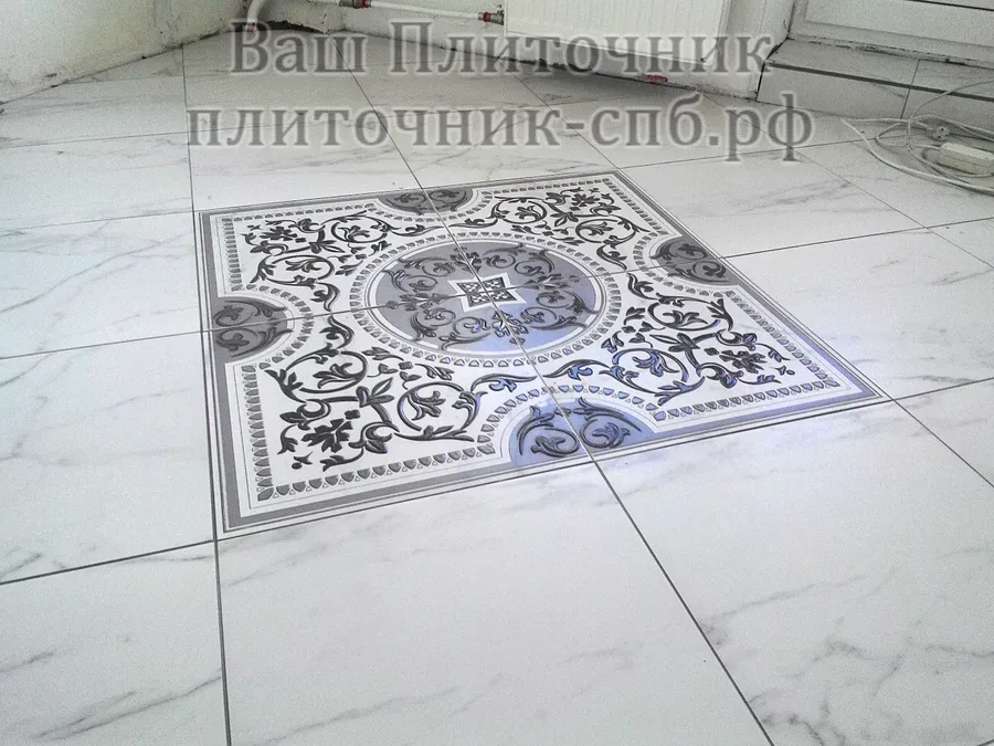 Укладка керамогранита на пол по диагонали с выравниванием на клею.