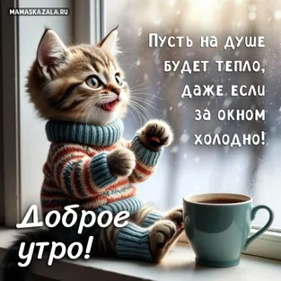 Открытка с котёнком в свитере- доброе утро
