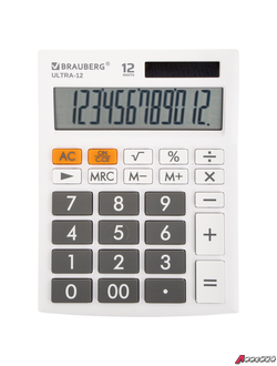 Калькулятор настольный BRAUBERG ULTRA-12-WT (192×143 мм), 12 разрядов, двойное питание, БЕЛЫЙ. 250496