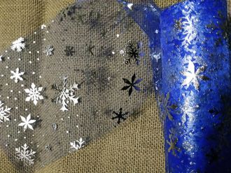 Фатин "Снежинки" цвет-синий с серебряными снежинками, длина 1 м, ширина 15 см