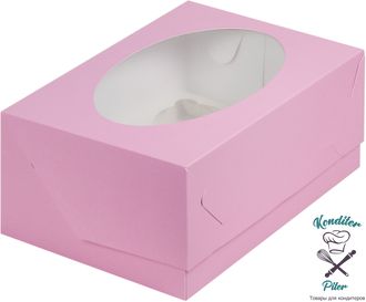 Коробка на 6 капкейков с окном 235*160*100 мм, розовая матовая